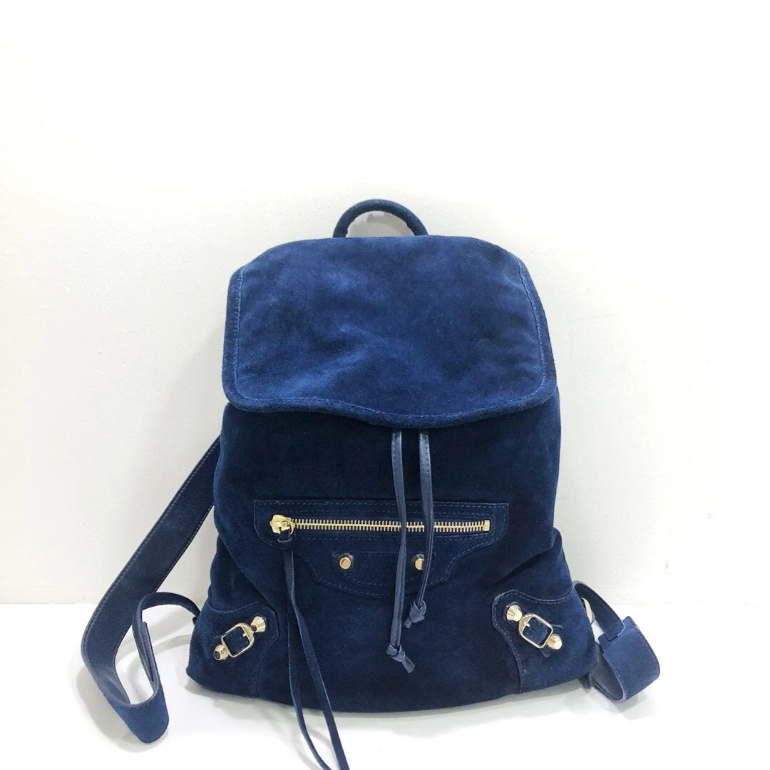 95新 Balenciaga/巴黎世家 蓝色麂皮拼皮机车双肩包/公价15800