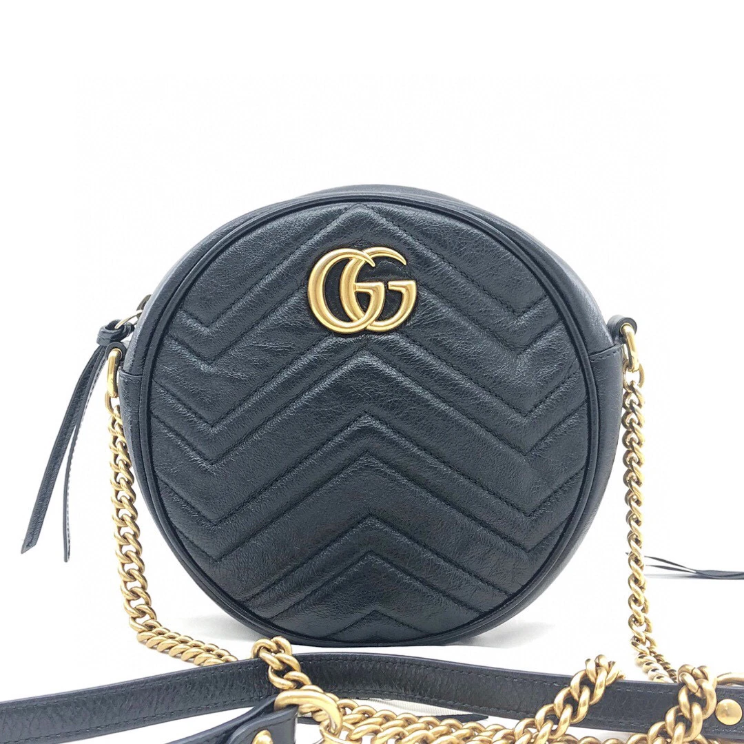 95新 GUCCI/古驰 97新/黑金全皮马尔蒙圆饼链条包/公价13800