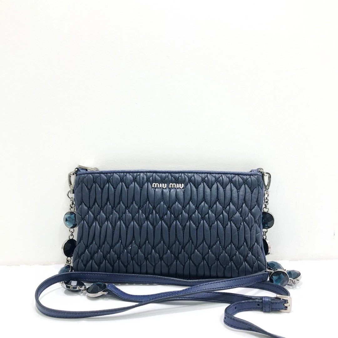 95新 MIU MIU/缪缪 全皮深蓝色褶皱单肩斜挎包