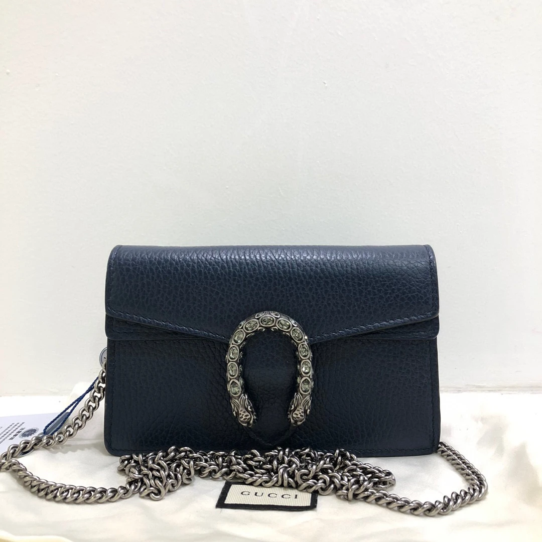 95新 GUCCI/古驰 藏蓝色全皮荔枝纹钻扣酒神mini链条包/公价9500