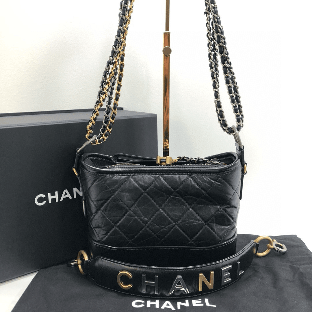 95新 Chanel/香奈儿 98新/黑金全皮菱格纹小号流浪包/公价38000