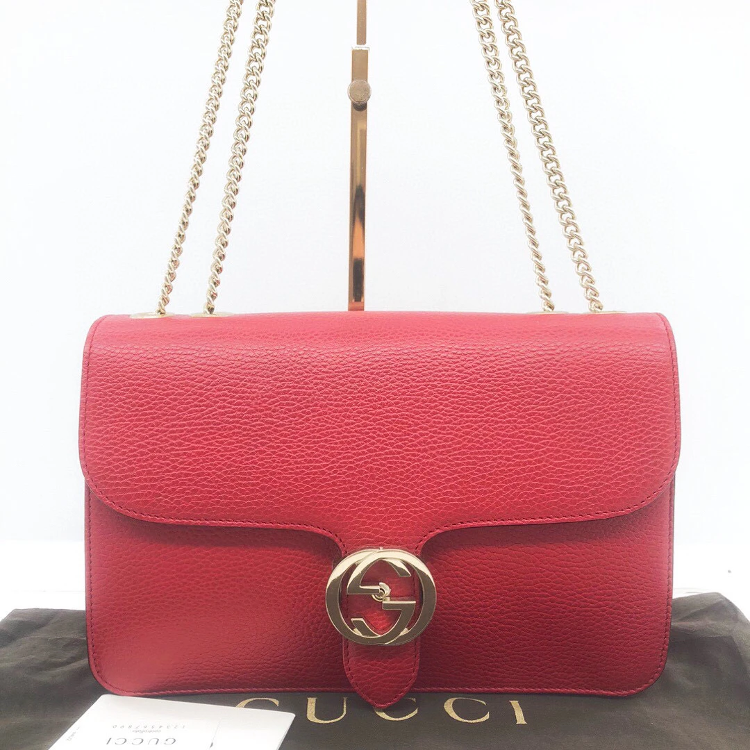 95新 GUCCI/古驰 98新/红金牛皮荔枝纹双G扣风琴链条/公价15800
