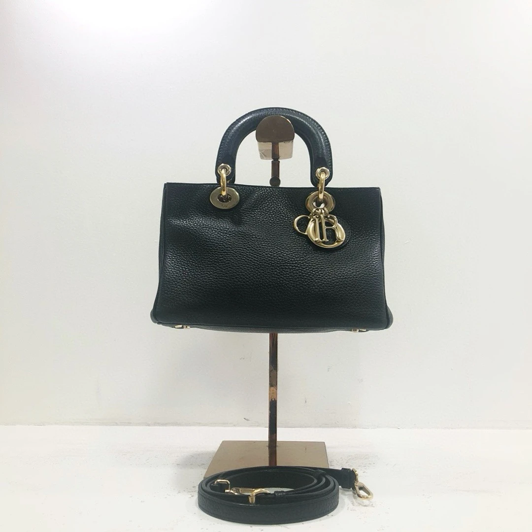 95新 DIOR/迪奥 黑金牛皮荔枝纹vip 小号手提单斜挎包/公价28000