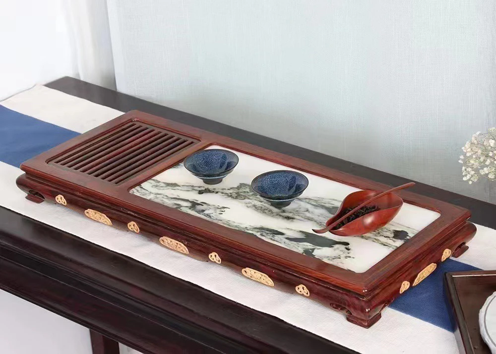 老挝大红酸枝云石款镶嵌黄杨木干湿两用茶盘58/23.3/6