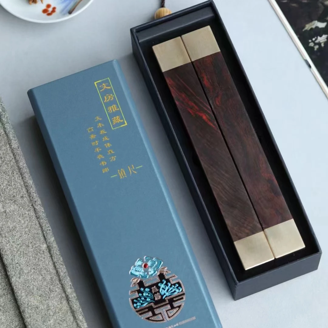 【木虫臻品】老挝大红酸枝铜木结合榫卯镇尺文房用品