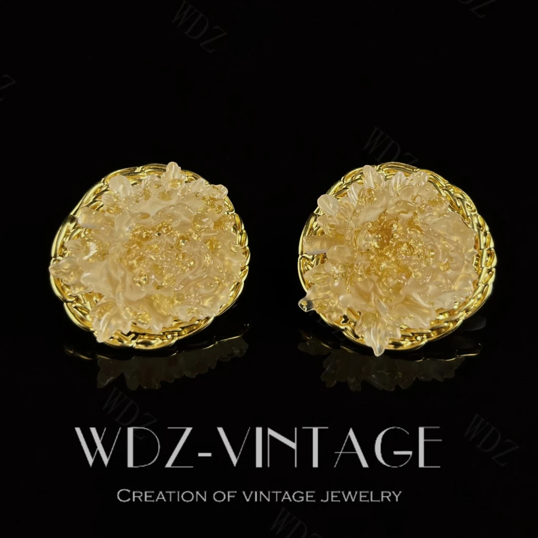 铜合金耳饰 冰花--中古vintage复古耳环轻奢镶嵌小众金色首饰饰品