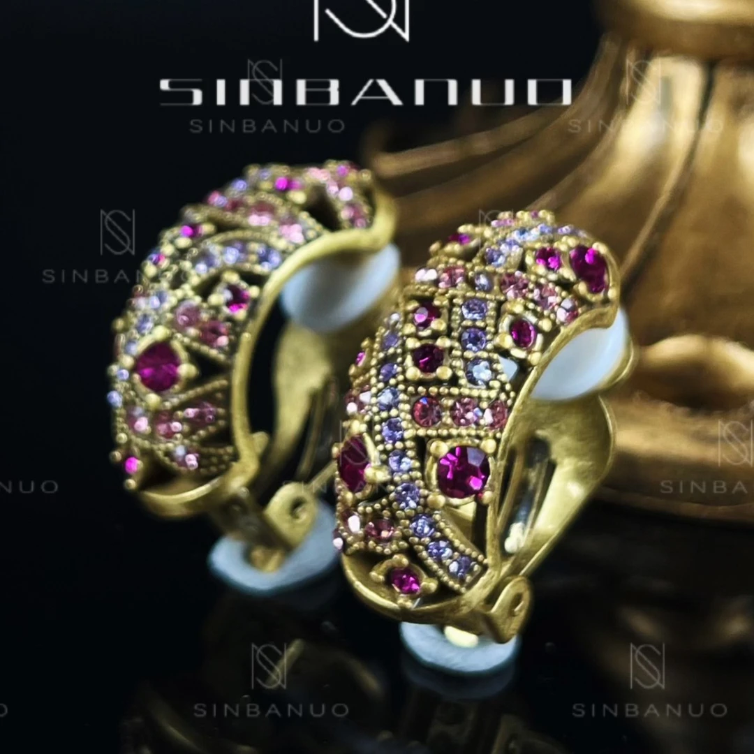 铜合金耳饰 潋滟--中古vintage复古首饰饰品复古轻奢红色镶嵌重工