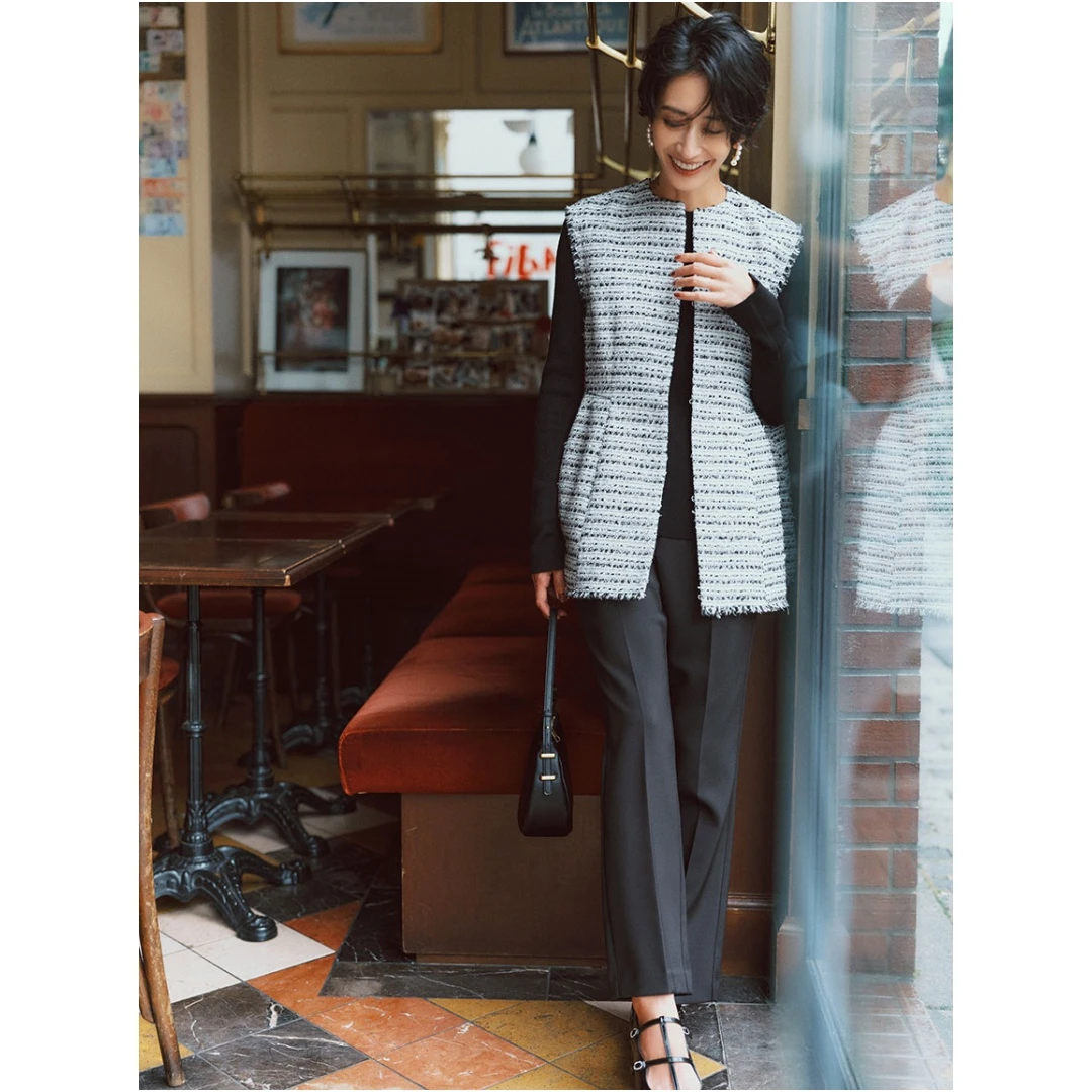 【Montendre】 M 秋季新款 时尚荷叶边粗花呢背心喇叭裤套装