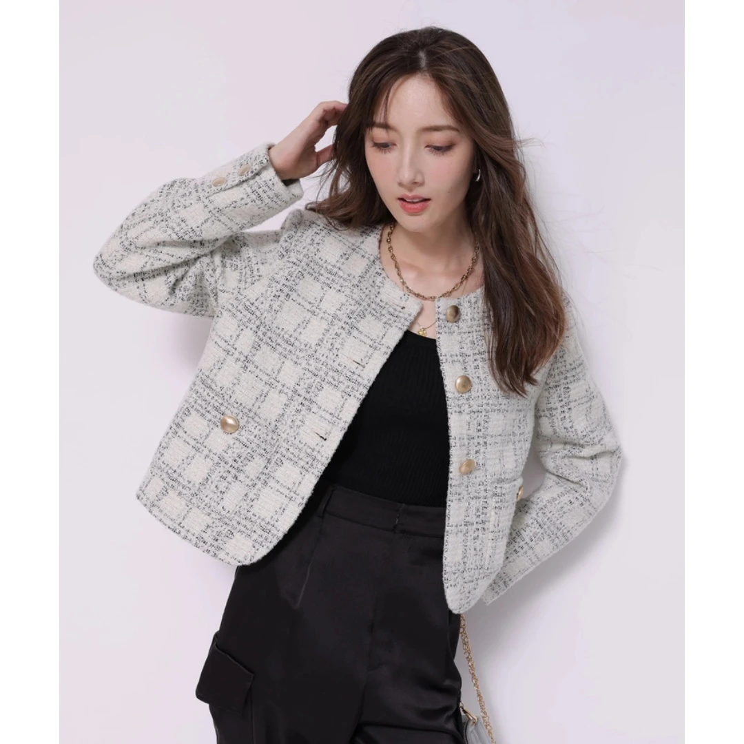 【MonTendre】 秋季新款  A 时尚气质小香风无领粗花呢短外套