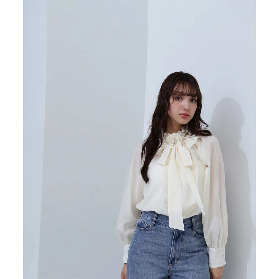 【强哥外贸】 秋季新款 N 缎带荷叶边薄纱气质百搭上衣衬衫