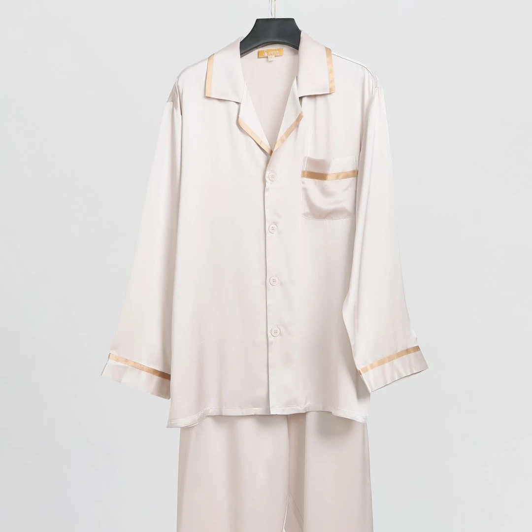 丝域安泰100%桑蚕丝睡衣男套装长袖轻奢时尚男士薄款简约纯色舒适