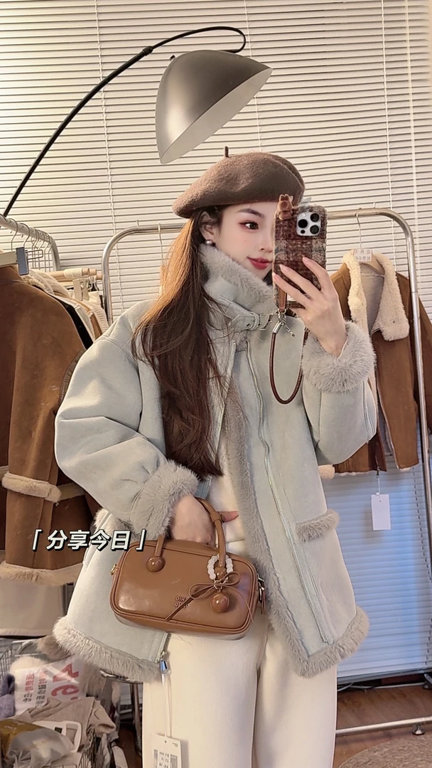 冬季时尚新款加厚皮毛一体拉链外套