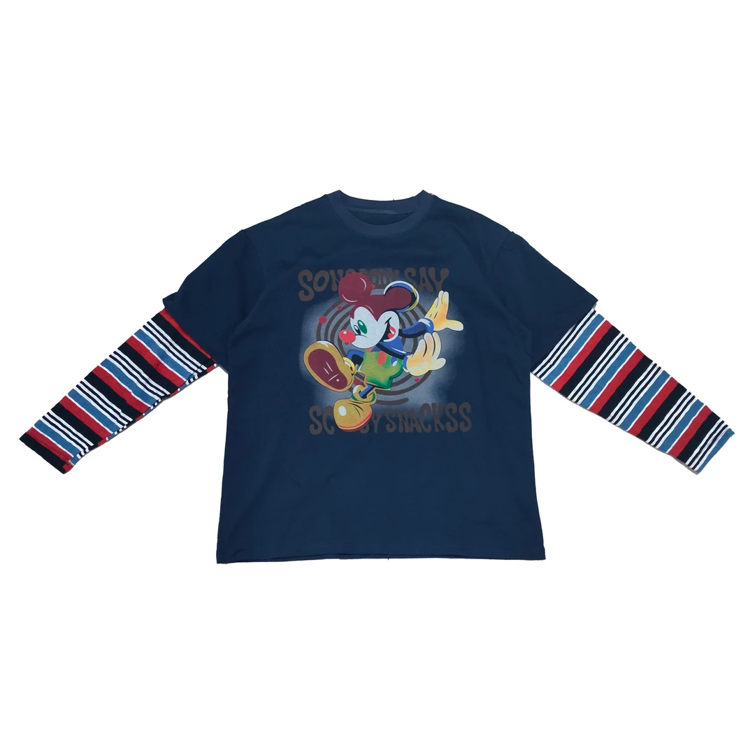 2024早秋新款宽松休闲卡通印花百搭拼条纹长袖T恤5074