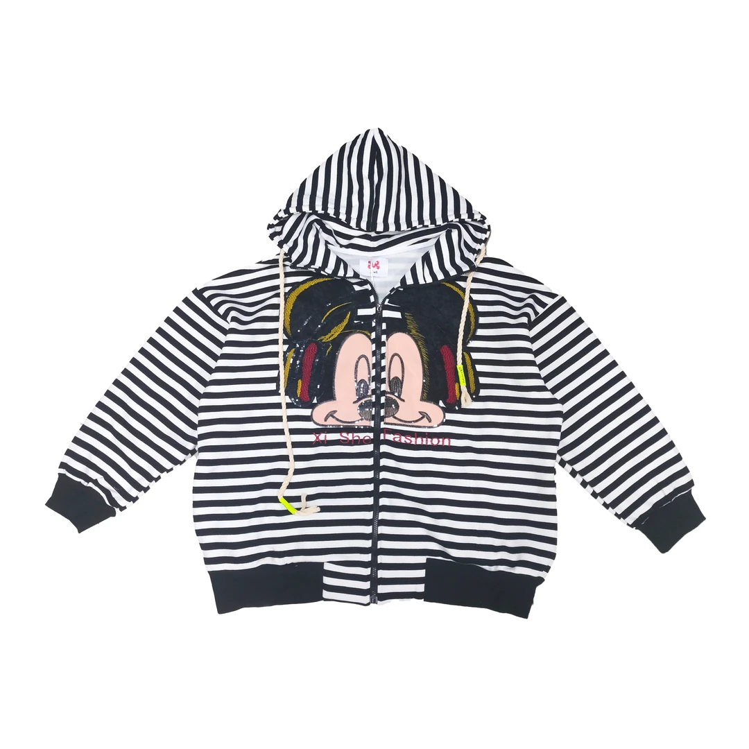 2024年秋季新款休闲卡通印花条纹连帽加绒加厚卫衣7527