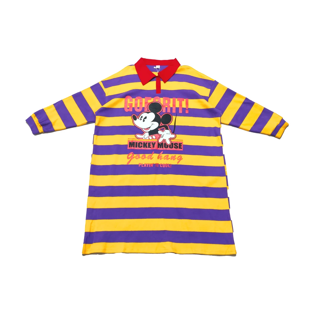 2024秋季新款时尚宽松polo领卡通印花条纹长袖连衣裙5555