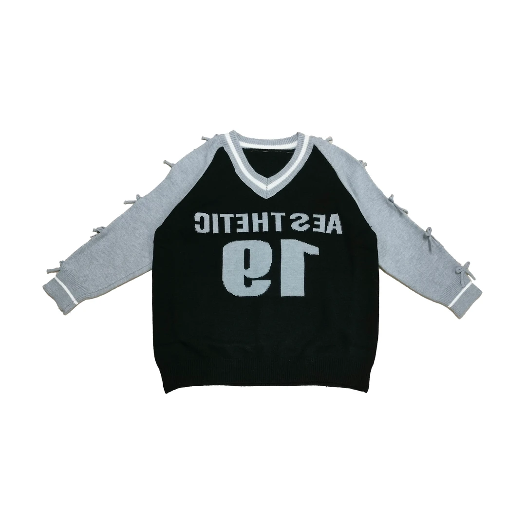 2024早秋新款时尚休闲蝴蝶结拼色字母毛衣针织长袖6122