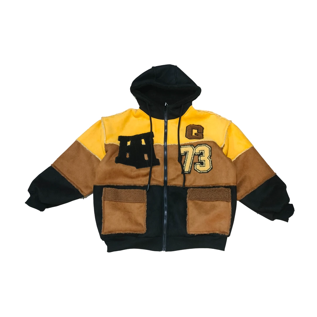 2024年秋季新款时尚百搭连帽拼色加绒加厚长袖厚外套7129