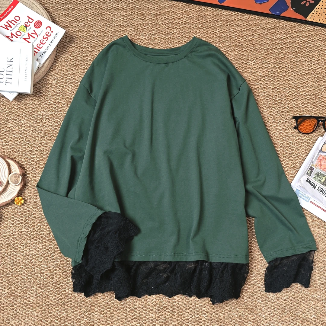 2024秋季新款休闲时尚百搭纯色拼蕾丝打底长袖T恤7252