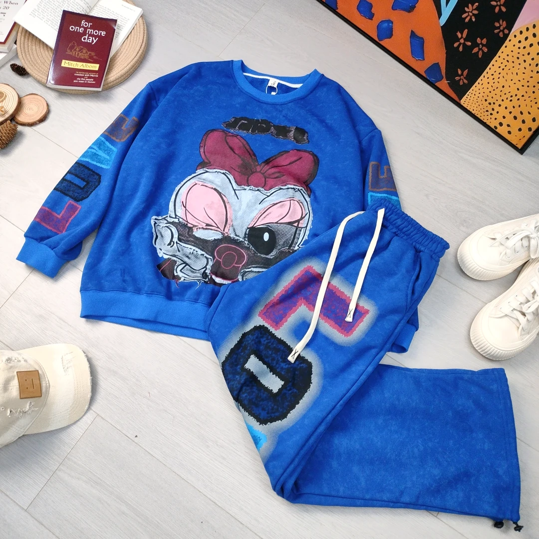 2024秋季新款卡通印花长袖加绒加厚休闲套装7644