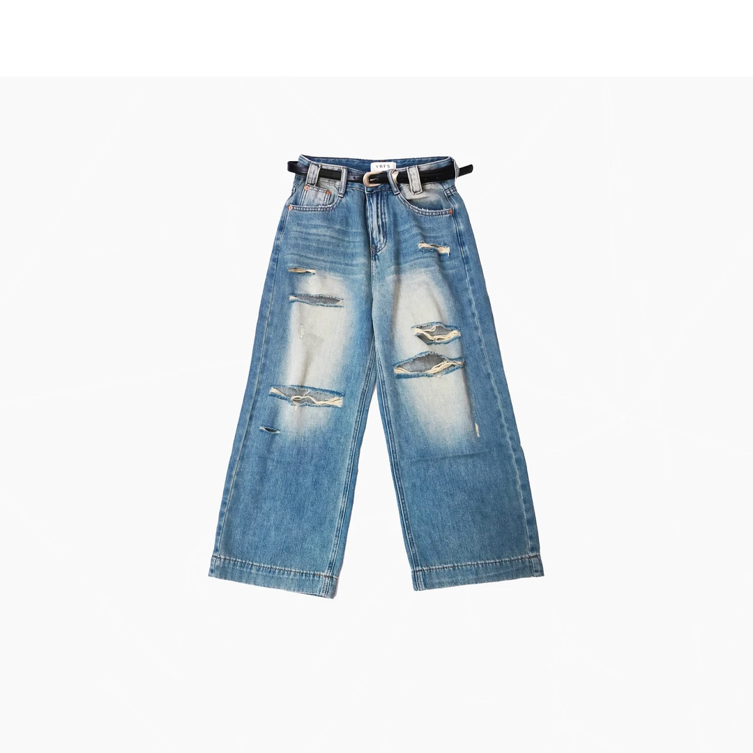 【伊人风尚服饰推荐】2024年夏季新款做旧配腰带破洞牛仔裤3196