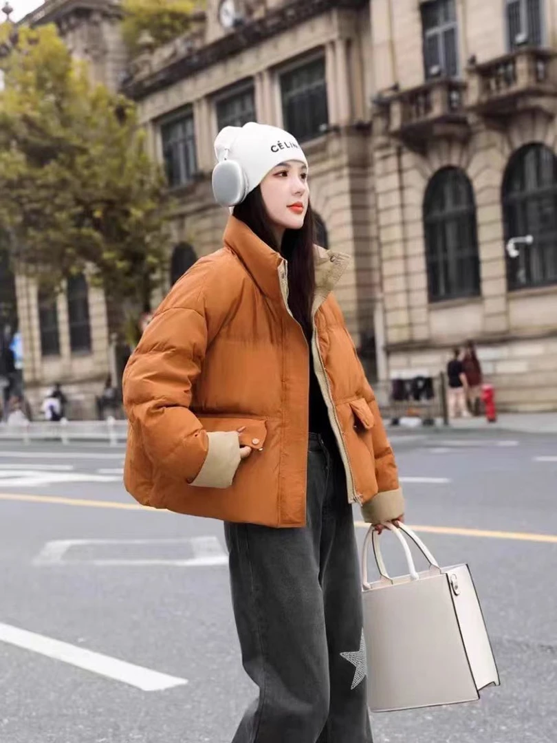 立领撞色拼接棉服外套女韩版美拉德2024冬新款小个子宽松时尚外套