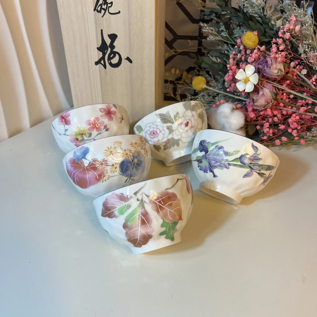 【闪购商品】 Q14九谷伯翠A款内绘釉上五支装手工日式陶瓷碗  2726