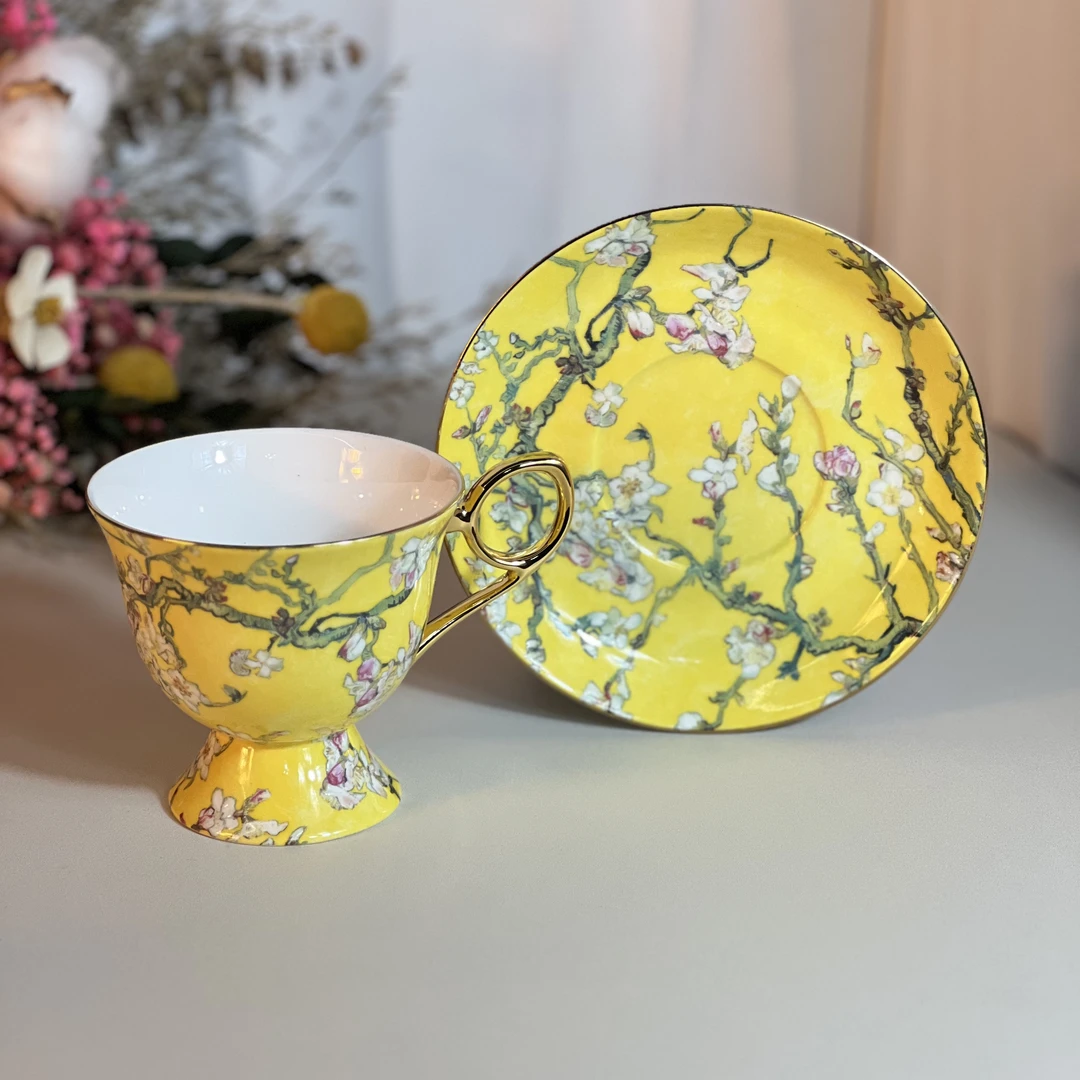 【闪购商品】 X316黄色杏花系列高足描金轻奢骨瓷咖啡杯2300