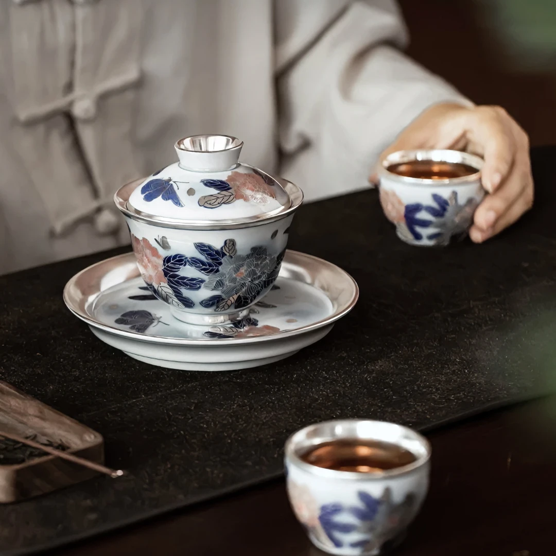 Q310鎏银牡丹图功夫泡茶鎏银陶瓷盖碗茶杯壶承礼盒套装3351