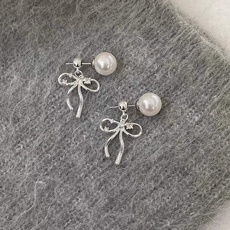 铜合金仿珍珠耳饰 少女感芭蕾风甜心蝴蝶结耳环气质耳钉耳饰8404