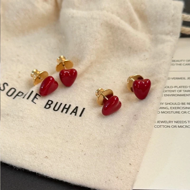 铜合金珐琅耳饰 小爱心红心耳钉法式复古ins耳环气质红色新款9054