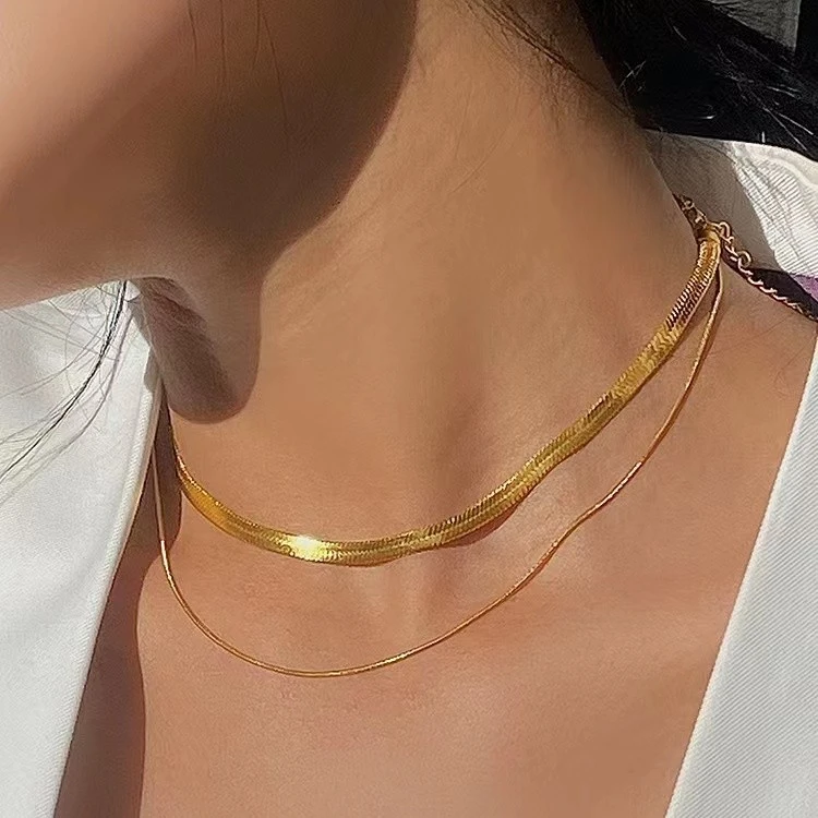 米丁 不锈钢项链 欧美简约小众百搭项饰不锈钢双层扁蛇链项链女i