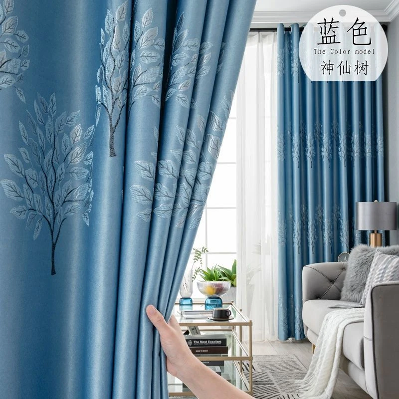 加厚成品窗帘遮光发财树窗帘防晒隔热出租房客厅卧室阳台飘窗轻奢