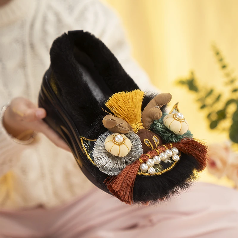 黑色厚底保暖棉鞋虎头鞋女款秋冬国风原创时尚传统冬款增高女鞋