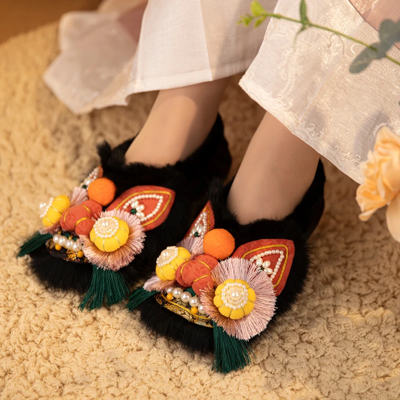 毛毛棉鞋纯手工DIY仿兔毛纯手工刺绣国风原创网红鞋汉服鞋虎头鞋