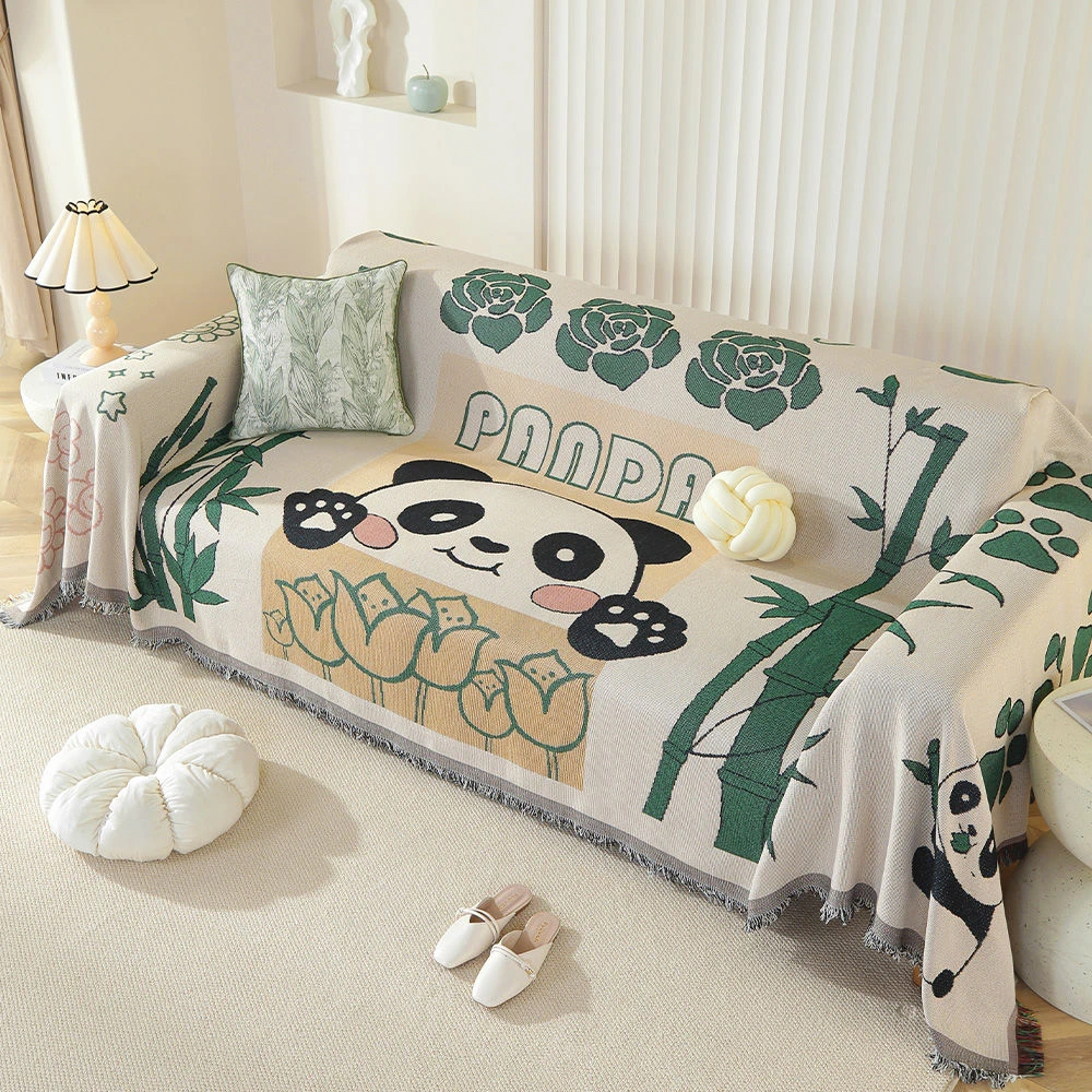 中国风熊猫沙发盖毯四季通用布艺沙发垫ins防尘罩双面沙发毯全盖