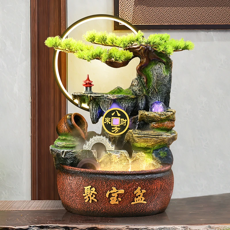 2024款中式聚宝盆流水摆件循环水客厅电视柜桌面风水轮办公室招财