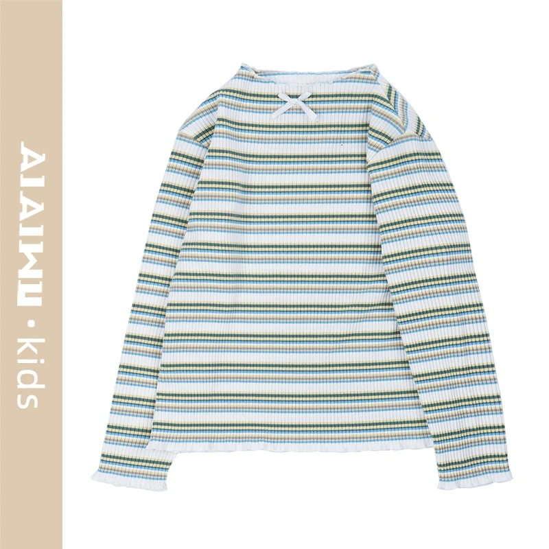 艾艾屋儿童坑条打底衫春秋季上衣女童条纹长袖中大童衣服宝宝T恤