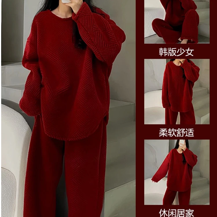新年红高级纯色珊瑚绒长袖睡衣女冬季新款加厚保暖居家套装氛围感