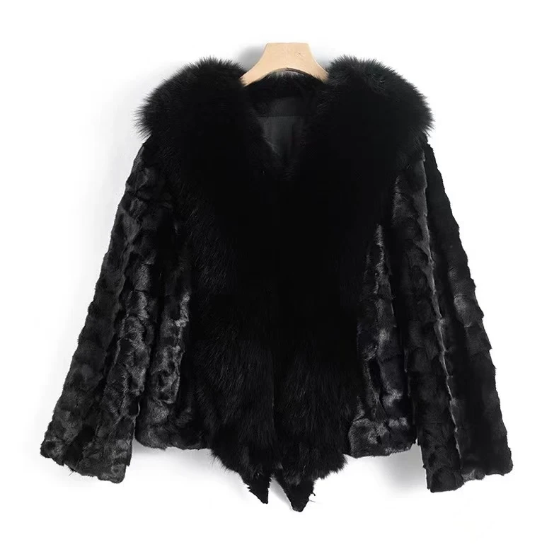 AMYSURE水貂毛皮草外套狐狸毛毛领皮毛一体23311