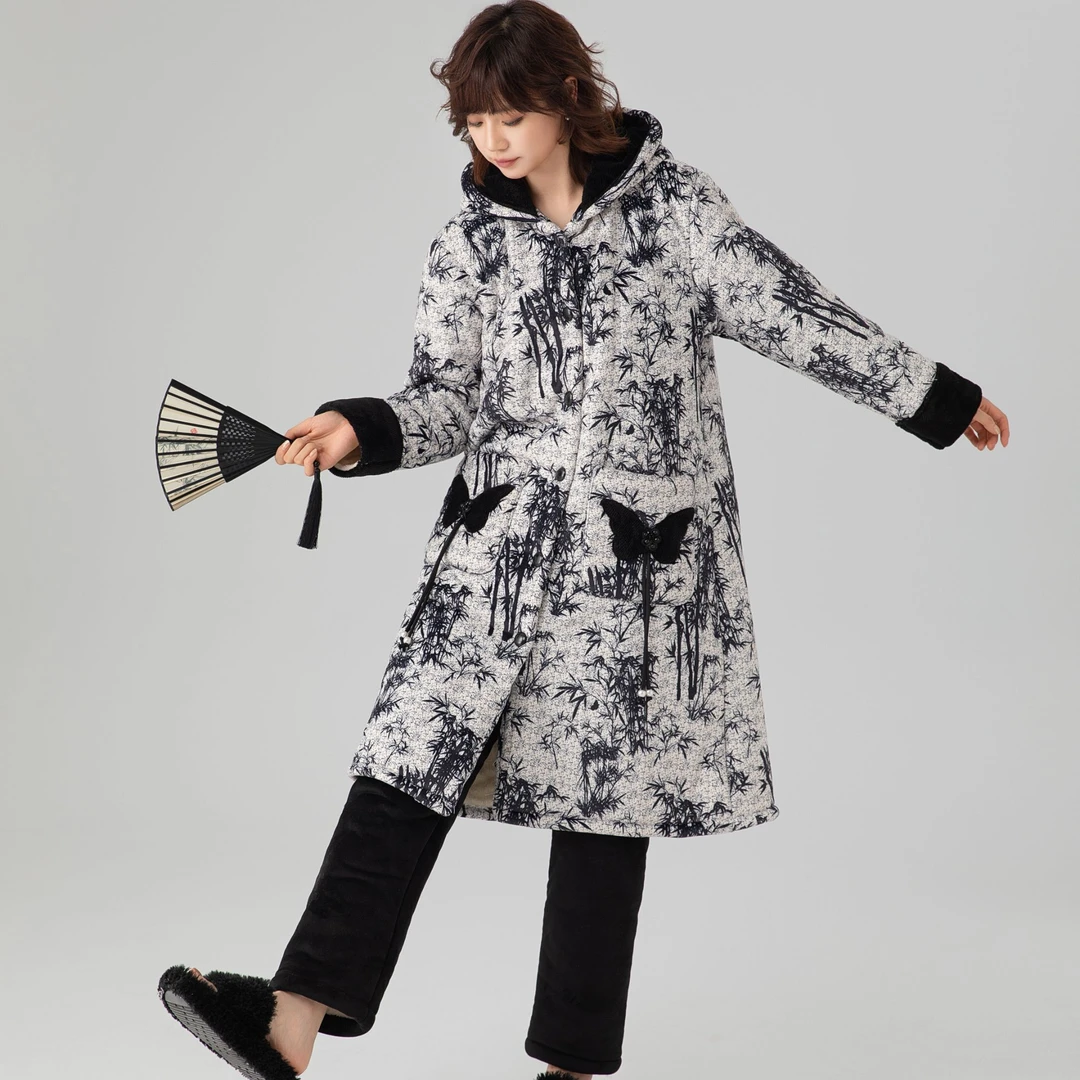 《青花瓷》睡衣加绒加厚女士中长款三层夹棉长款家居服套装女士W111