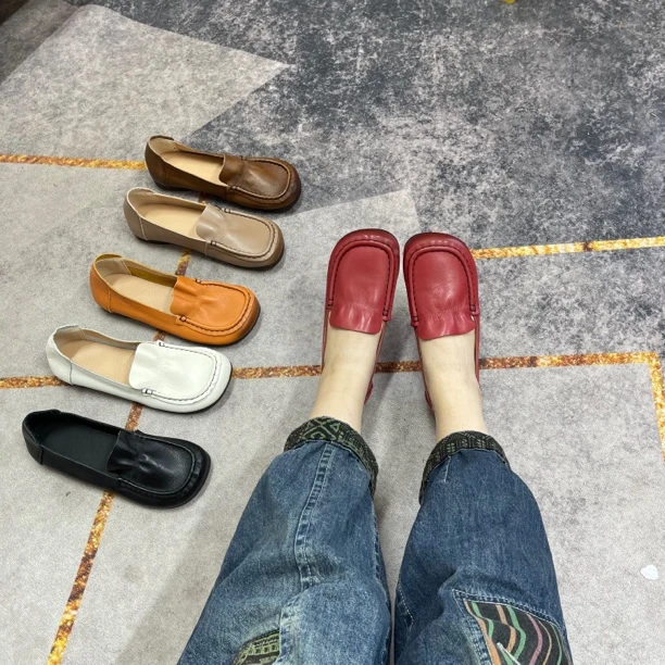 纯牛皮手工复古缝线荷叶边乐福鞋妈妈鞋百搭舒适软底方头35-41