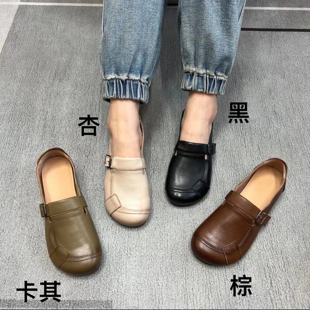 广州高端纯牛皮手工复古民族风软皮软底妈妈鞋舒适百搭单鞋真皮