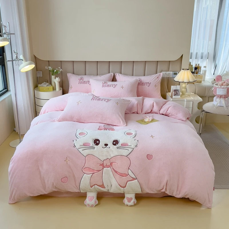 高端卡通可爱牛奶绒四件套冬季加厚珊瑚绒床单被套法莱绒三件套