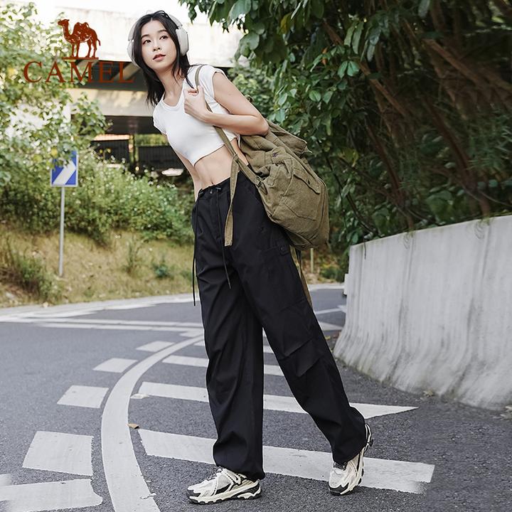 骆驼降落伞工装裤运动长裤女秋季夏高腰垂感美式风束脚阔腿伞兵裤