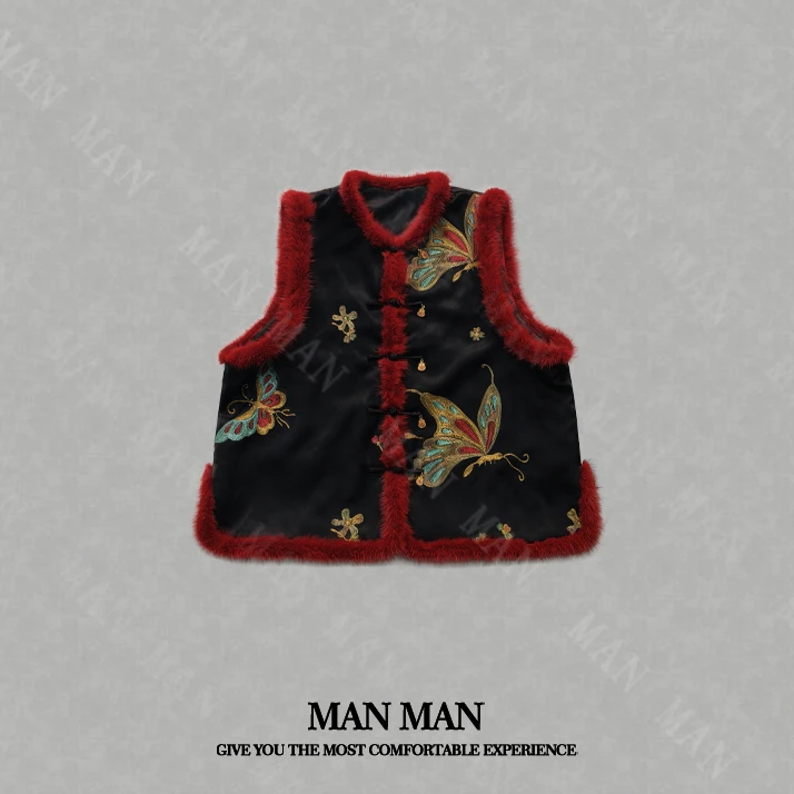 『彩蝶』鸿运新中式貂毛边国风马夹24438气质时尚重磅百搭