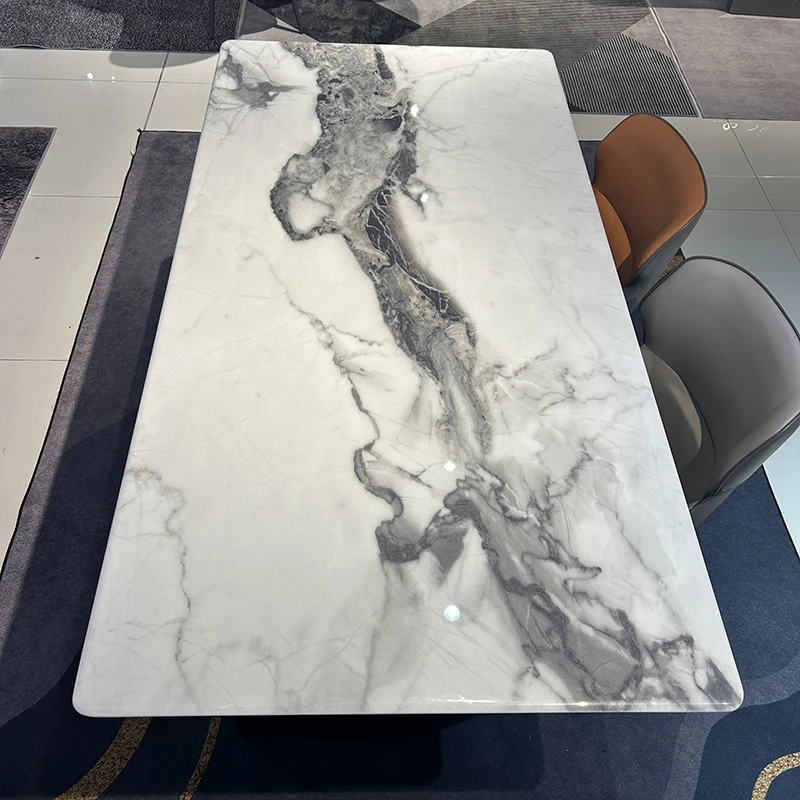 豪莱恩中花白天然大理石餐桌轻奢简约风长方形家用超晶石意式餐桌