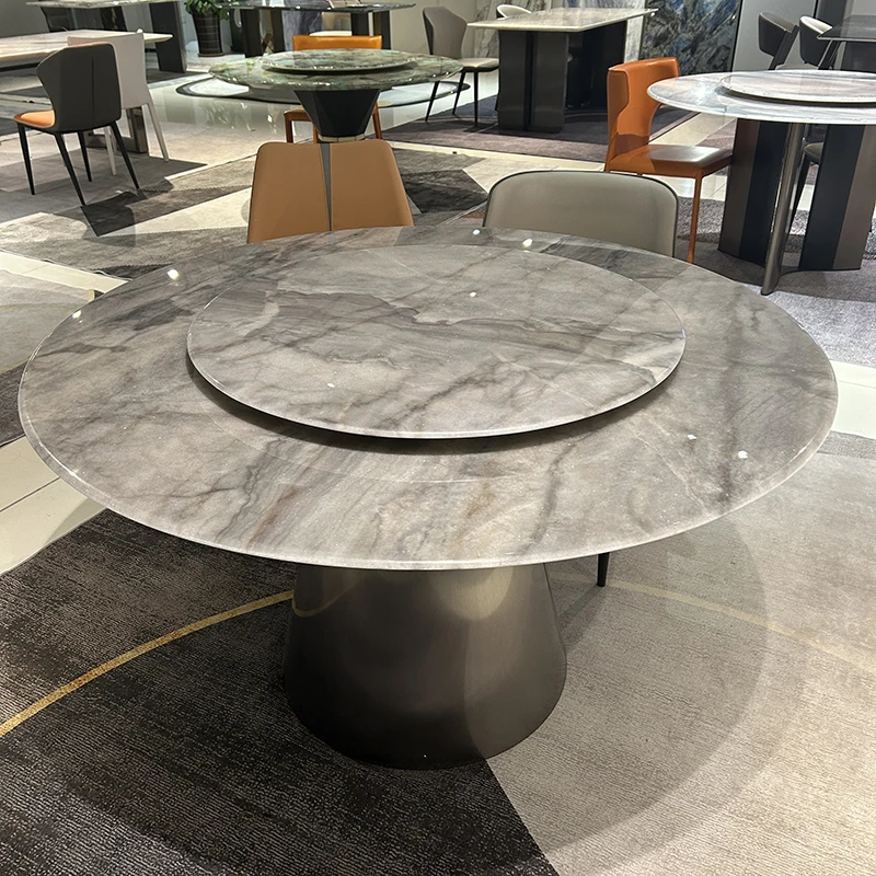豪莱恩艾维拉灰天然大理石餐桌圆台餐桌轻奢极简风超晶石网红餐桌