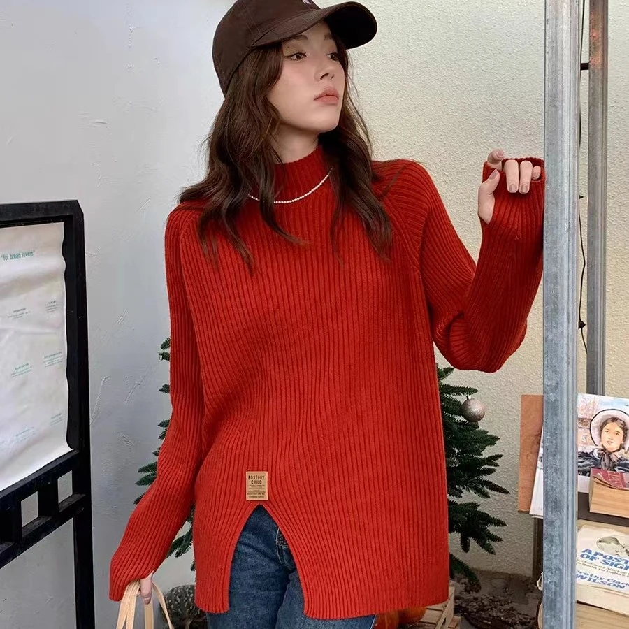 2129大码女装红色针织打底衫秋冬新款开叉设计感时尚百搭高领毛衣