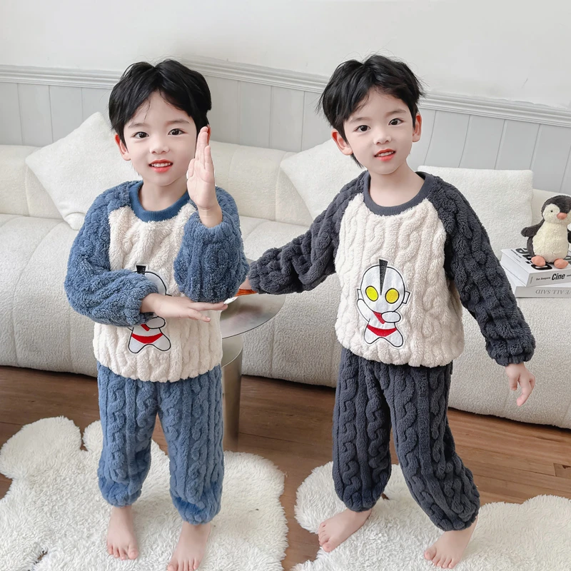 男童奥特曼卡通家居服套装保暖秋冬季冬款套头加绒新款加厚儿童