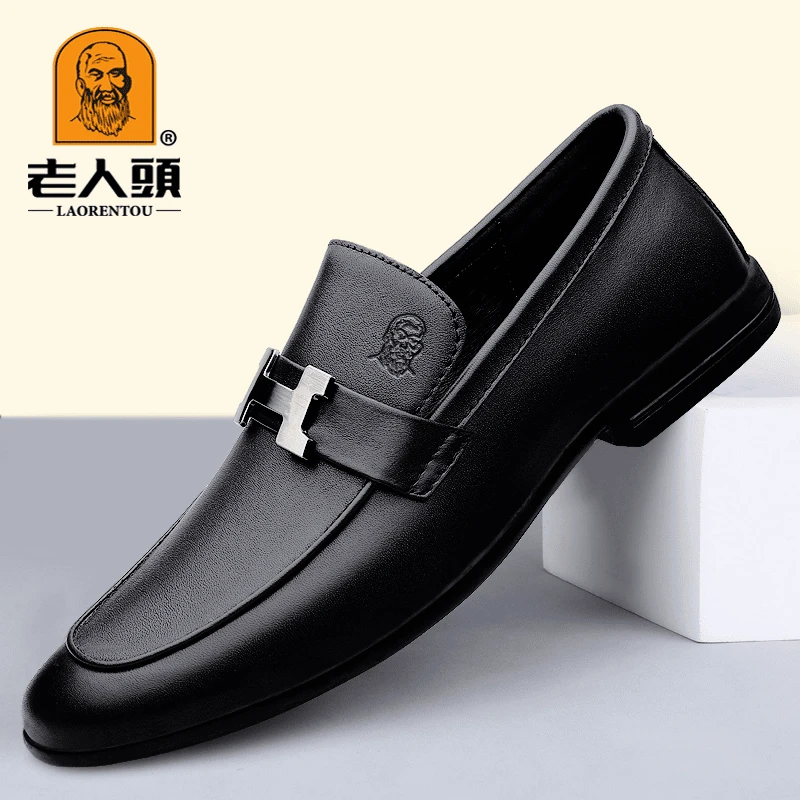 老人头新款男鞋透气商务正装豆豆鞋舒适软底一脚蹬休闲鞋男士皮鞋